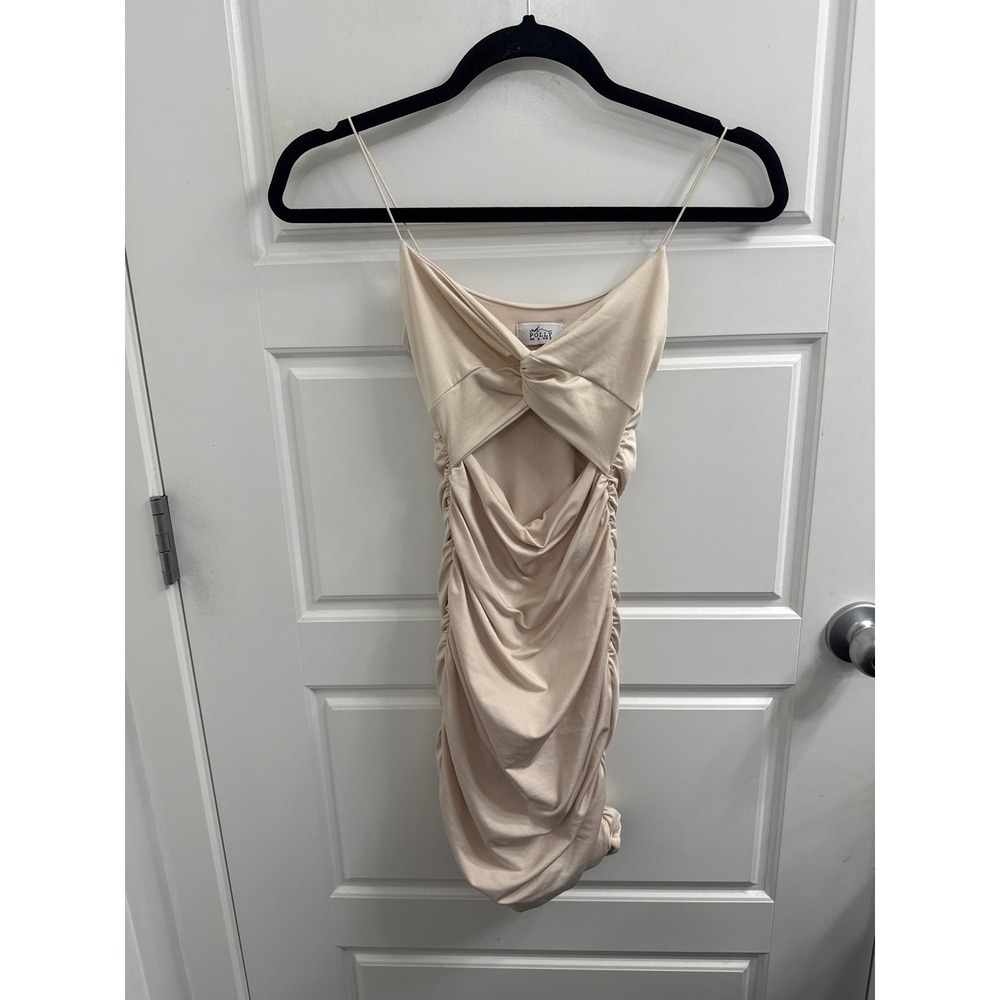 Polly the Label Beige Ruched Mini Dress Twist Front Cutout Spaghetti Strap Small
